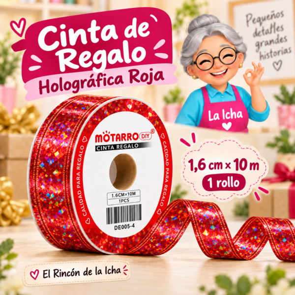 Cinta de Regalo Holográfica Roja 1,6 cm x 10 m