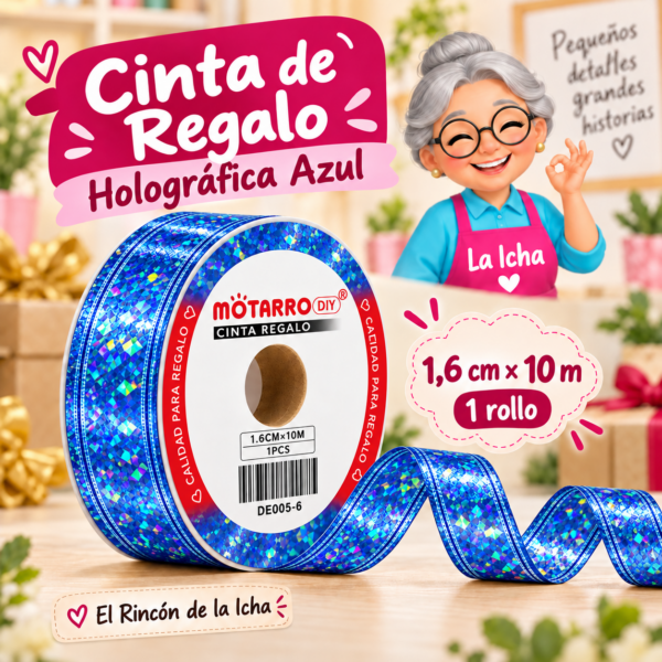 Cinta de Regalo Holográfica Azul 1,6 cm x 10 m