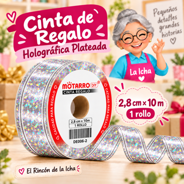 DE006-2 Cinta de Regalo Holográfica Plateada 2,8 cm x 10 m