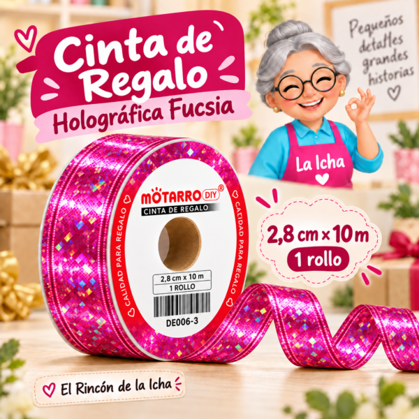 DE006-3 Cinta de Regalo Holográfica Fucsia 2,8 cm x 10 m
