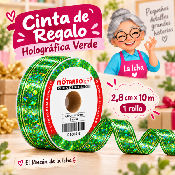 DE006-5 Cinta de Regalo Holográfica Verde 2,8 cm x 10 m