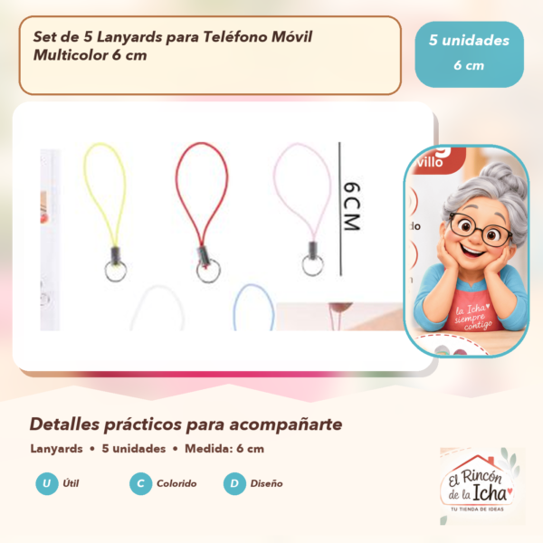 Set de 5 Lanyards para Teléfono Móvil Multicolor 6 cm