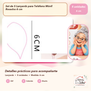 DE008-5 Set de 5 Lanyards para Teléfono Móvil Rosados 6 cm