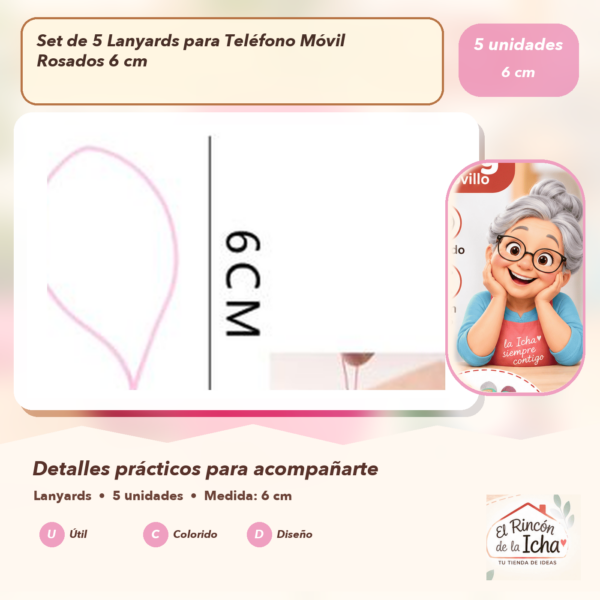 Set de 5 Lanyards para Teléfono Móvil Rosados 6 cm
