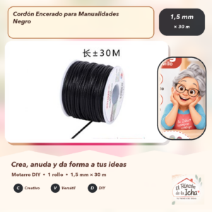 DE015-1 Cordón Encerado para Manualidades Negro 1,5 mm × 30 m