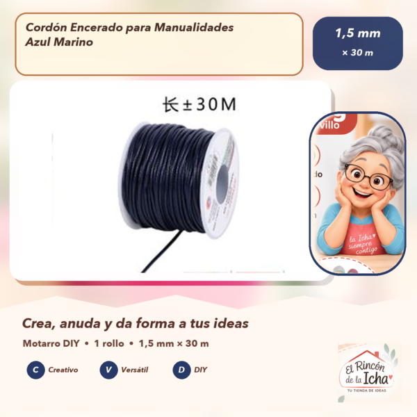 Cordón Encerado para Manualidades Azul Marino 1,5 mm × 30 m