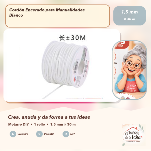 Cordón Encerado para Manualidades Blanco 1,5 mm × 30 m