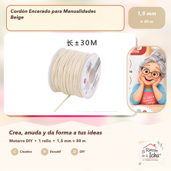 Cordón Encerado para Manualidades Beige 1,5 mm × 30 m