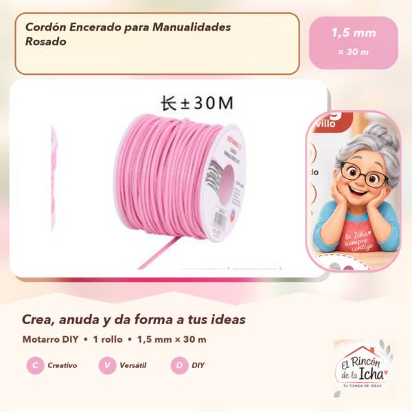 Cordón Encerado para Manualidades Rosado 1,5 mm × 30 m