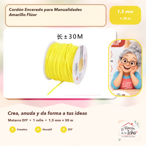Cordón Encerado para Manualidades Amarillo Flúor 1,5 mm × 30 m
