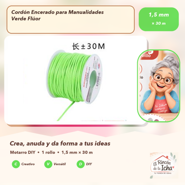 Cordón Encerado para Manualidades Verde Flúor 1,5 mm × 30 m