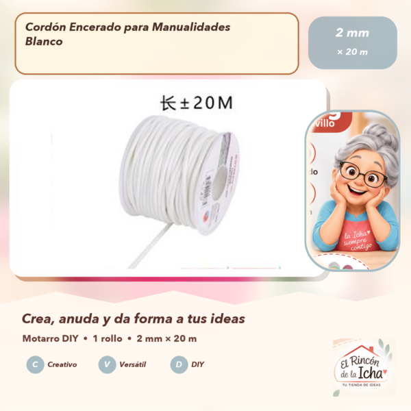 Cordón Encerado para Manualidades Blanco 2 mm × 20 m