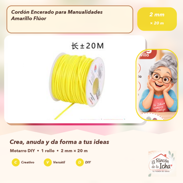 Cordón Encerado para Manualidades Amarillo Flúor 2 mm × 20 m