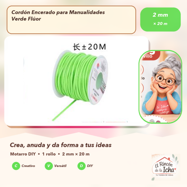 Cordón Encerado para Manualidades Verde Flúor 2 mm × 20 m