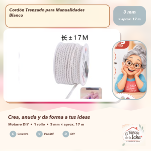 DE017-1 Cordón Trenzado para Manualidades Blanco 3 mm × aprox. 17 m