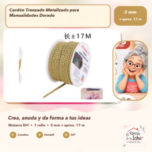 DE017-12 Cordón Trenzado Metalizado para Manualidades Dorado 3 mm × aprox. 17 m