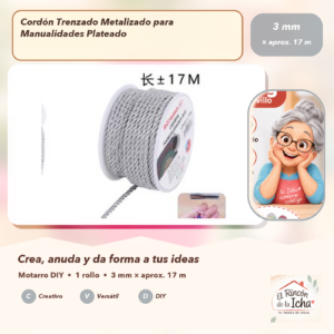 DE017-13 Cordón Trenzado Metalizado para Manualidades Plateado 3 mm × aprox. 17 m