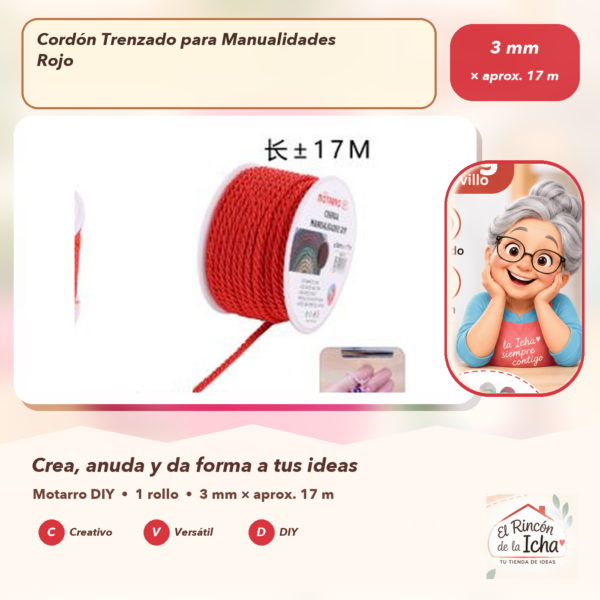 Cordón Trenzado para Manualidades Rojo 3 mm × aprox. 17 m