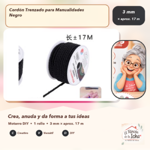 DE017-3 Cordón Trenzado para Manualidades Negro 3 mm × aprox. 17 m