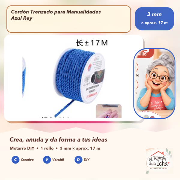 Cordón Trenzado para Manualidades Azul Rey 3 mm × aprox. 17 m