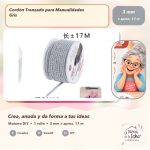 DE017-6 Cordón Trenzado para Manualidades Gris 3 mm × aprox. 17 m
