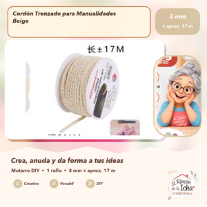 DE017-7 Cordón Trenzado para Manualidades Beige 3 mm × aprox. 17 m