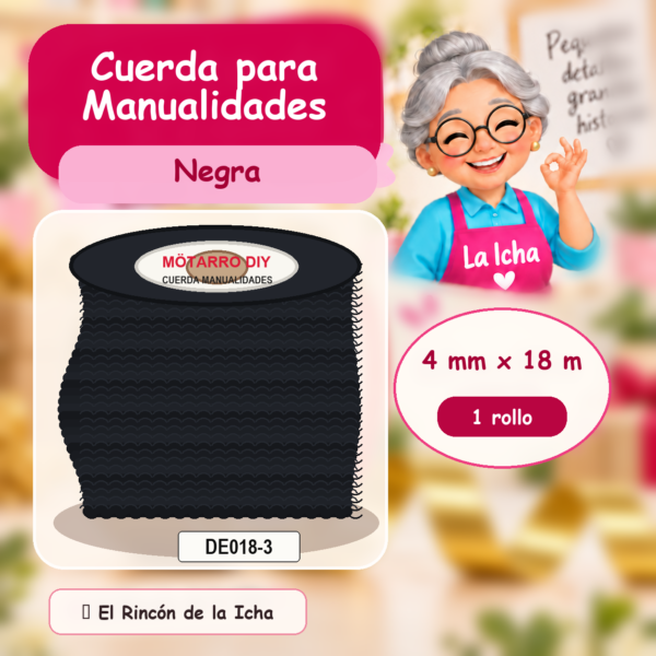 DE018-3 Cuerda para Manualidades Negra 4 mm x 18 m