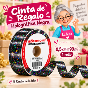 DE019-8 Cinta de Regalo Holográfica Negra 0,5 cm x 90 m