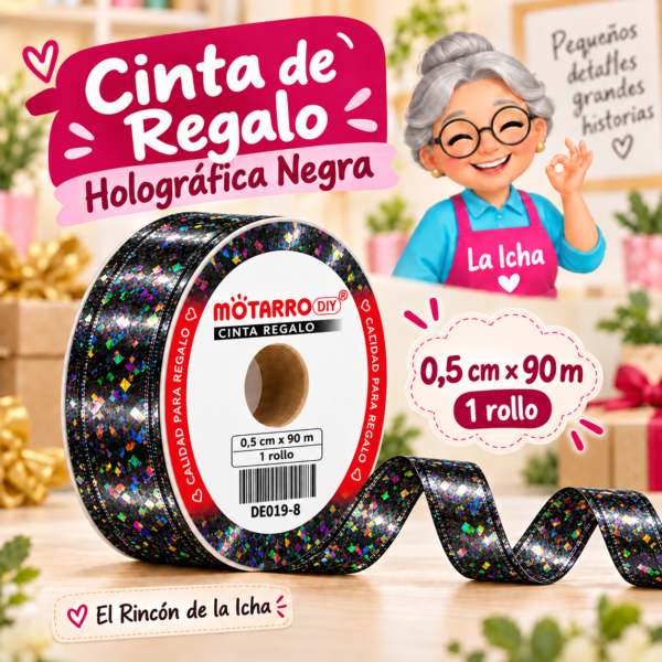 DE019-8 Cinta de Regalo Holográfica Negra 0,5 cm x 90 m