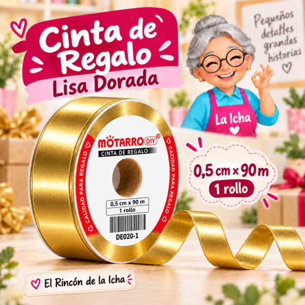 DE020-1 Cinta de Regalo Lisa Dorada 0,5 cm x 90 m