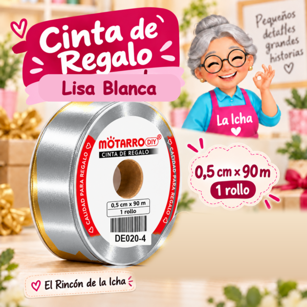 DE020-4 Cinta de Regalo Lisa Blanca 0,5 cm x 90 m