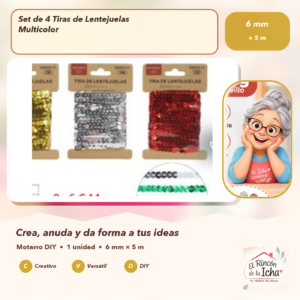 Set de 4 Tiras de Lentejuelas Multicolor 6 mm × 5 m
