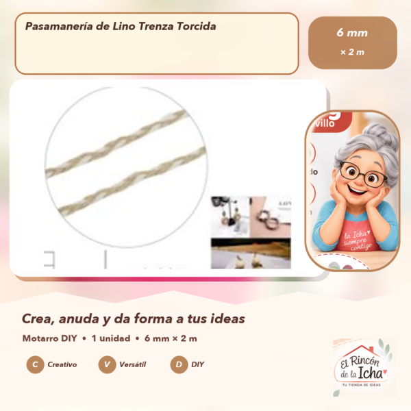 Pasamanería de Lino Trenza Torcida 6 mm × 2 m
