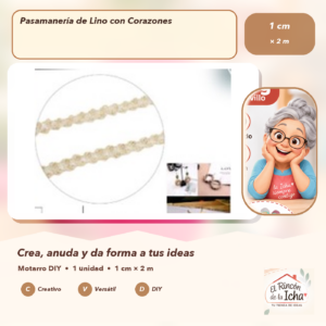 DE022-20 Pasamanería de Lino con Corazones 1 cm × 2 m