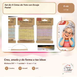DE022-30 Set de 4 Cintas de Yute con Encaje Pastel 6 cm × 1 m