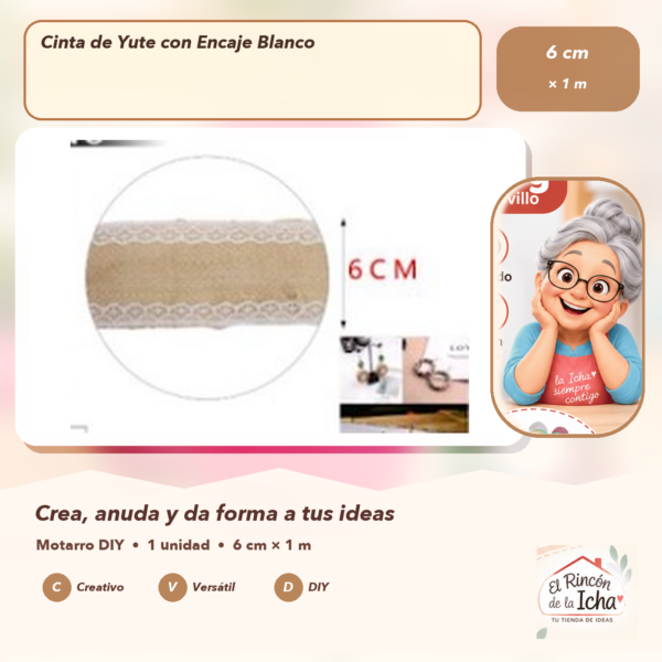 Cinta de Yute con Encaje Blanco 6 cm × 1 m
