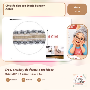 DE022-32 Cinta de Yute con Encaje Blanco y Negro 6 cm × 1 m