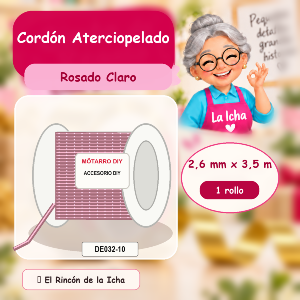 DE032-10 Cordón Aterciopelado Rosado Claro 2,6 mm x 3,5 m
