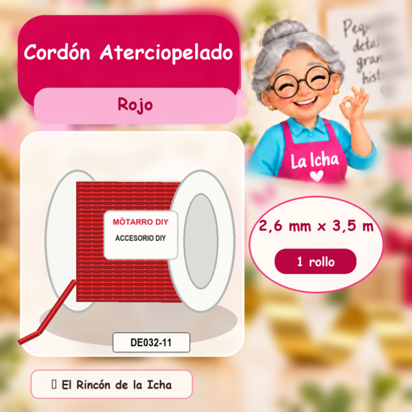 DE032-11 Cordón Aterciopelado Rojo 2,6 mm x 3,5 m