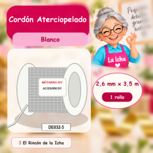 DE032-5 Cordón Aterciopelado Blanco 2,6 mm x 3,5 m