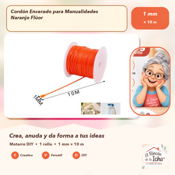 Cordón Encerado para Manualidades Naranjo Flúor 1 mm × 10 m