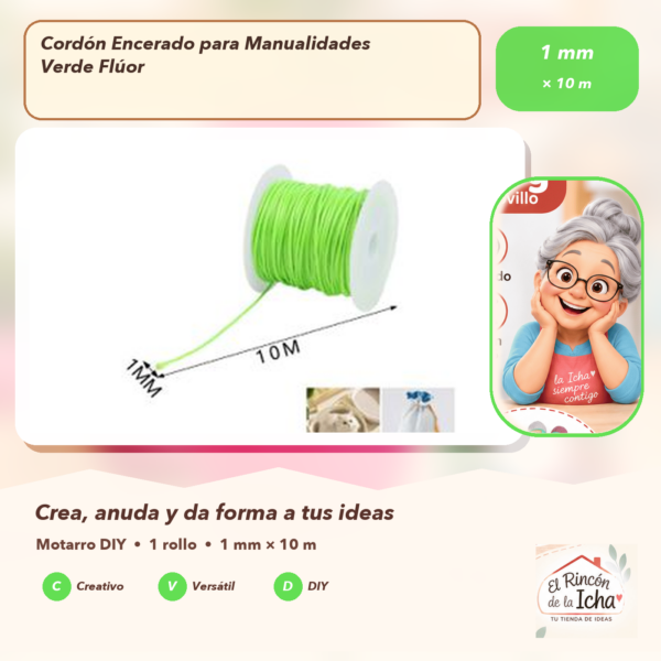 Cordón Encerado para Manualidades Verde Flúor 1 mm × 10 m