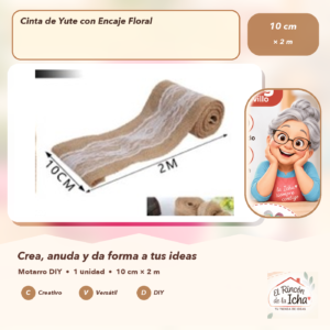 DE035-12 Cinta de Yute con Encaje Floral 10 cm × 2 m