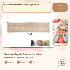 DE035-15 Pasamanería de Lino con Encaje Floral 3 cm × 2 m