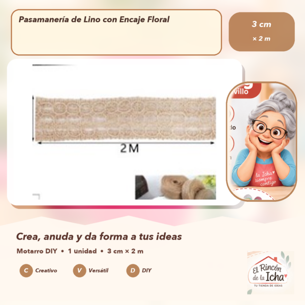 Pasamanería de Lino con Encaje Floral 3 cm × 2 m