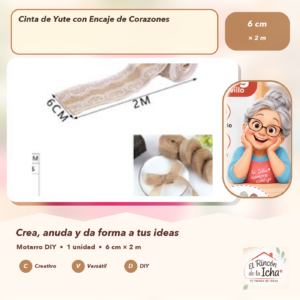 DE035-8 Cinta de Yute con Encaje de Corazones 6 cm × 2 m