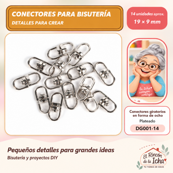 DG001-14 Conectores giratorios en forma de ocho – Plateado – 19 × 9 mm – 14 unidades aprox.