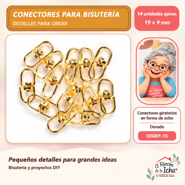 DG001-15 Conectores giratorios en forma de ocho – Dorado – 19 × 9 mm – 14 unidades aprox.