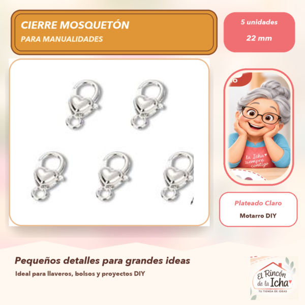 Set de 5 Cierres Mosquetón Metálicos Corazón Liso Plateado Claro 22 mm