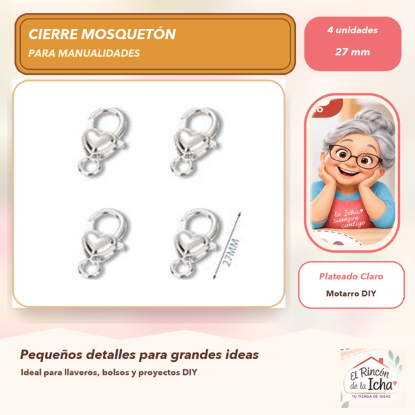 Set de 4 Cierres Mosquetón Metálicos Corazón Liso Plateado Claro 27 mm
